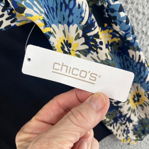 Chicos Top Womens 0 US Small Black Blue Floral Drops Bishop Long Sleeve Knit NWT - Picture 6 of 11